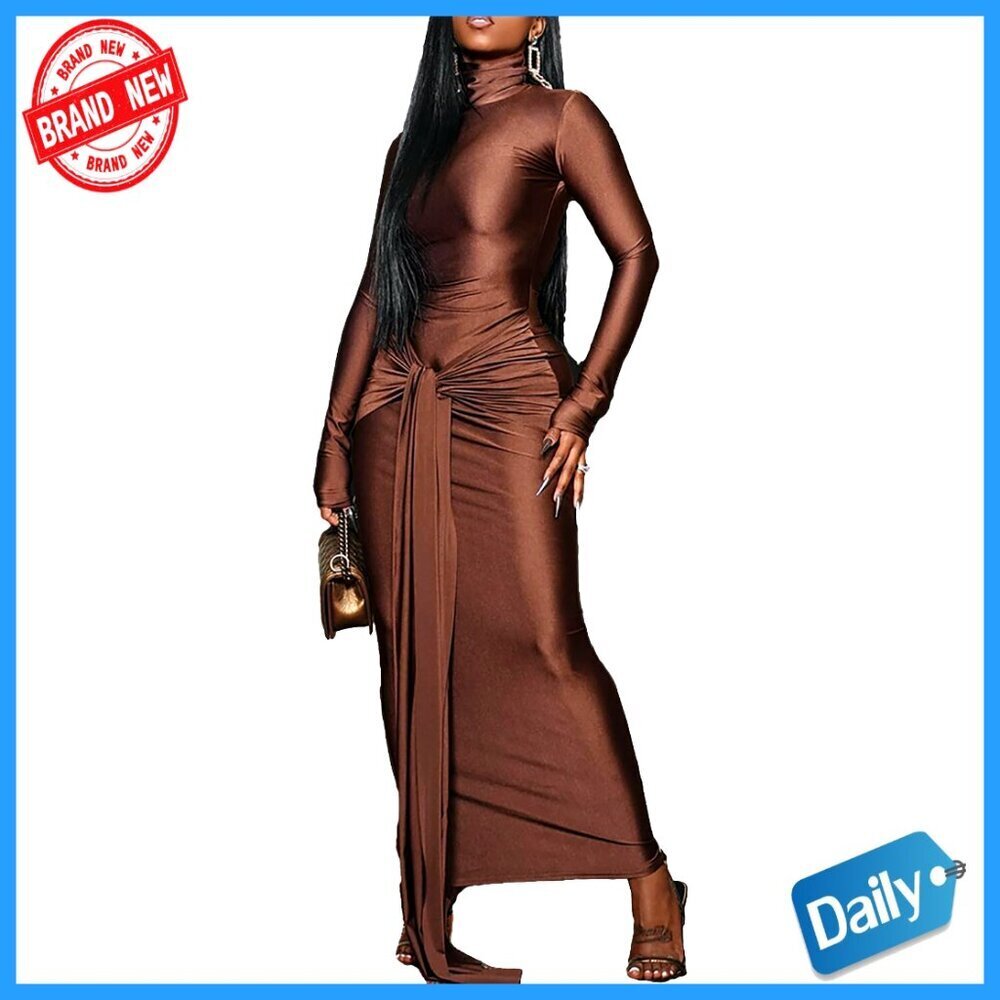 Long Sleeve Formal Maxi Dress Bodycon Elegant Ruched Tie Front Party Wedding